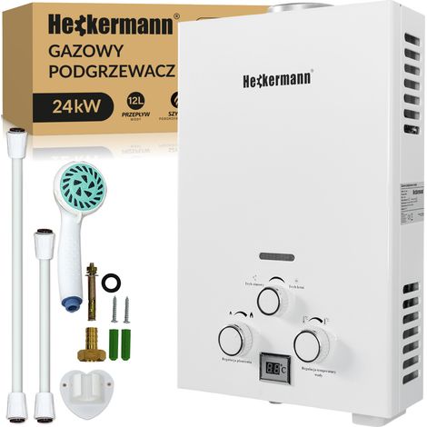 Scaldabagno a gas naturale Heckermann JSD-HB04 da 12 litri, colore bianco.