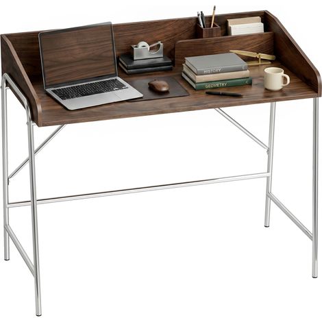 Bureau, bureau d'ordinateur 109 cm avec rebord de sécurité et structure en métal, noyer (1/5)