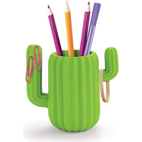Aufbewahrungslösung für den Schreibtisch mit dem Potenzial, ein schönes Geschenk zu sein: ein niedlicher Stiftehalter mit multifunktionaler Aufbewahrung, hergestellt aus grünem Kunststoff.