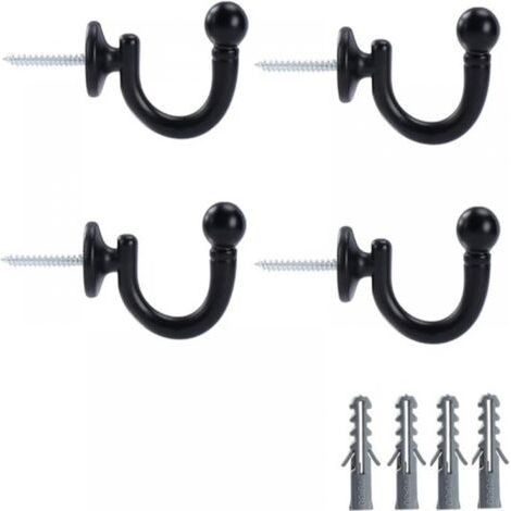 QORVA-Lot de 4 crochets à rideaux en métal noir de 65 mm, crochets muraux multifonctions en forme de U pour rassembler les rideaux et suspendre vêtements ou sacs.