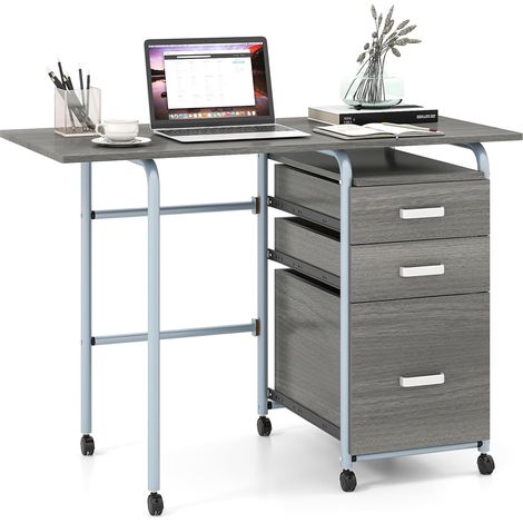 COSTWAY Bureau Pliable avec 3 Tiroirs, Table d'Écriture Roues Verrouillables, Bureau à Domicile Roulant avec Cadre en Métal, Compact pour Dortoir, Appartement (Gris) (1/4)