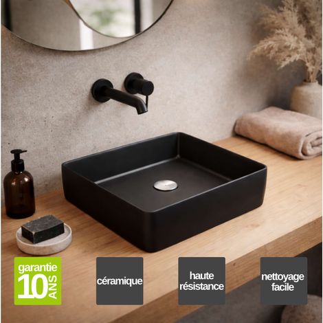Vasque à poser carré en céramique noir mat L36,5 x l36,5 x Profondeur 10,5 cm – SANIZEO Square - Idéale pour salle de bain moderne (1/5)