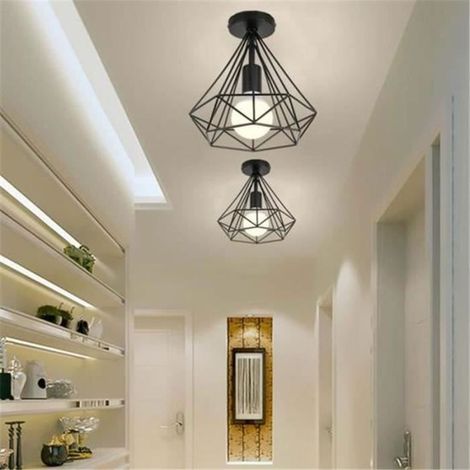 Lot de 2 Lustres Suspensions - Cage forme diamant - En métal - Noir