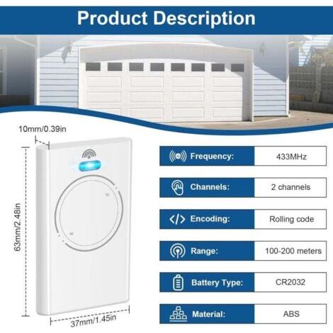 NALOOKAMIC Lot de 3 télécommandes pour ouvre-porte de garage 433,92 MHz - Compatible avec XT2 433 SLH LR - 2 canaux - Blanc