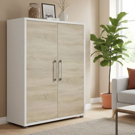 Dmora - Aparador Leocadie, Bufé de salón, Aparador de salón, Despensa de cocina, 89x40 h113 cm, Blanco y Roble (1/4)