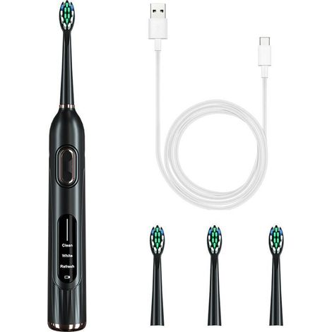 Cepillo de dientes eléctrico sónico, 36.000 oscilaciones/minuto, 3 modos, 4 cabezales incluidos, resistente al agua IPX7, diseño ergonómico, negro. (1/4)