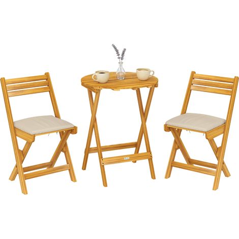 Salon de Jardin 3 Pièces en Bois d'Acacia FSC Table Ronde et 2 Chaises Pliables avec Coussins - PANGIVO (1/5)