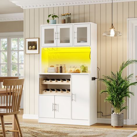 Meuble haut cuisine LED RGB prise électrique porte-verres casier bouteilles façades vitrées blanc 100 x 40 x 180 cm