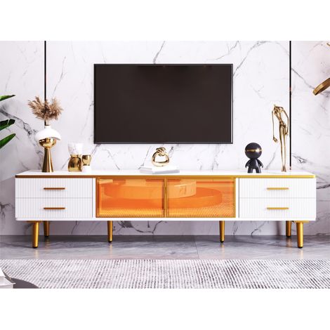 Meuble TV aspect marbre, meuble TV à 4 pieds, avec LED, 4 tiroirs texturés avec poignées dorées et deux portes en verre trempé marron, meuble TV bas moderne, 1703747,5cm. (1/5)