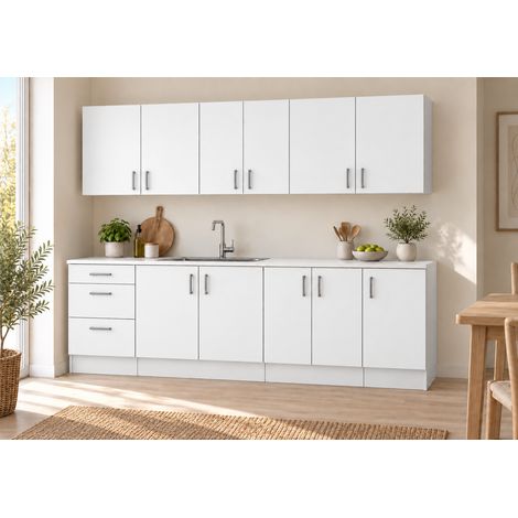 Küchenzeile 220 cm, 7 Schränke, Weiß matt, ohne Arbeitsplatte (1/5)