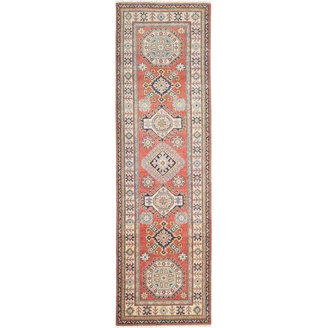 Tapis salon 80 x 289 cm, motif géométrique, rouge, beige et bleu, en laine naturelle, noué main artisanal (1/5)
