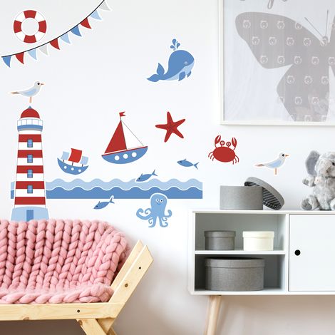 Sticker autocollant décoratif 48x68cm pour enfant, bord de mer: crabe, baleine, poulpe, poisson, oiseaux. (1/3)