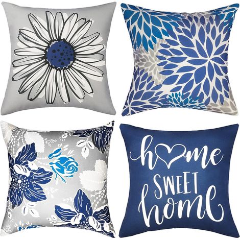 BEBUSINGOTO Lot de 4 housses de coussin décoratives bleues 45,7 x 45,7 cm, carrées en lin, style ferme, extérieur, moderne, bohème (1/5)