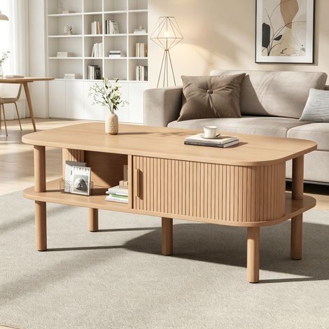 Tavolino da salotto in MDF 110 x 55 x 45 cm, colore naturale, con porta scorrevole e doppio ripiano (1/5)