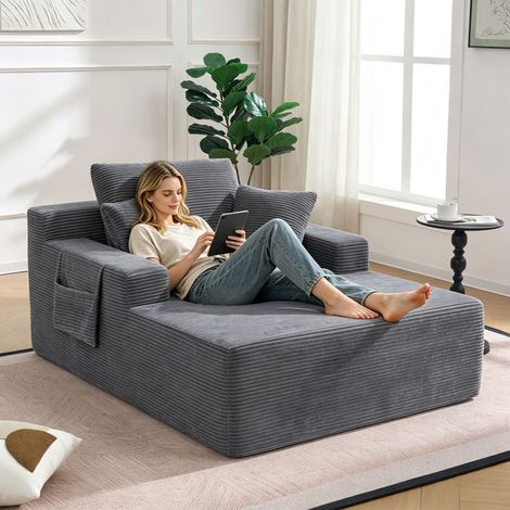 Canapé convertible 1 place en velours côtelé – Canapé-lit modulaire en velours côtelé avec accoudoirs et coussin – Sans montage – 150X110 cm – Design élégant – Gris (1/5)