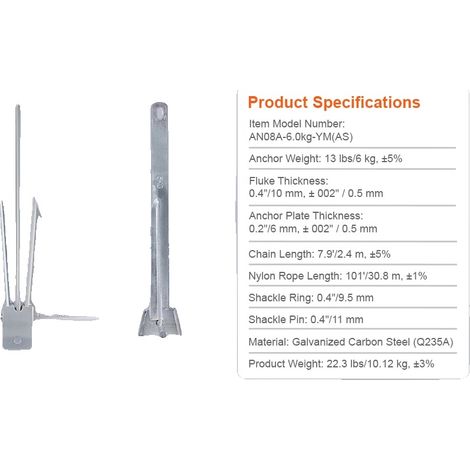 Fluke-Ankerkit, einschließlich Kette und Seil, sichere Schäkel, 13pound (1/2)
