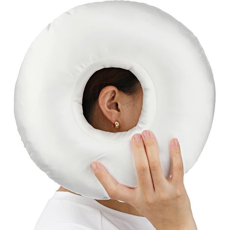 Coussin d'oreille perforé pour soulager les douleurs d'oreille, coussin en forme de beignet à remplissage ajustable pour les personnes dormant sur le côté, réduit la pression dans l'oreille (blanc)-Aq (1/5)