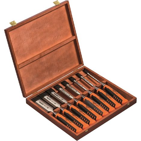 Bahco – Ciseaux à bois Ergo 8 pièces – Largeur de lame 6 à 36 mm – Poignée confortable – Coffret en bois pour rangement