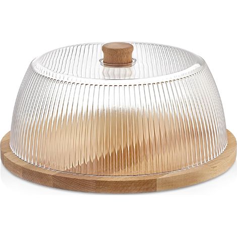 H&H-Linee, Porta Torta, in Polistirene Rigato Trasparente con Base in Legno, 24 cm - Idoneo al Contatto con gli Alimenti, BPA Free