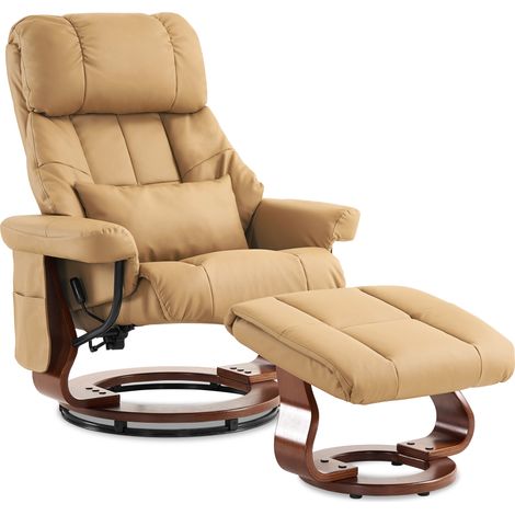 M MCombo Massagesessel mit Hocker, 360° drehbarer Relaxsessel mit Liegefunktion, moderner TV-Sessel Fernsehsessel mit Seitentasche für Wohnzimmer, Kunstleder, 9068 (Gelbbeige)