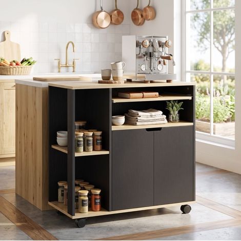 Desserte de cuisine avec rangement, 80 x 40 x 82 cm, roulettes et placard, noir HAVRYA (1/4)