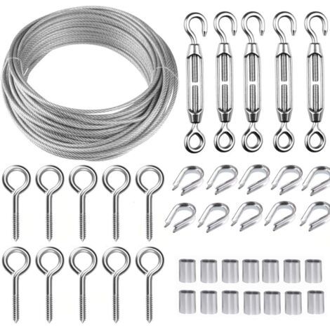 30M Corde en Acier Inoxydable à Suspendre Kit,Kit Cable Métallique,2mm Cable en Acier Inoxydable Revêtu,avec M5 Tendeur Cable et Crochets à Oeil,pour Plantes Grimpante,Rambarde,Corde a linge,AAFGVC