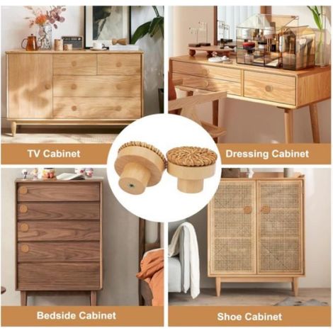 6 Pièces Boutons de Meuble en Rotin Bois, Poignée Meuble Bois, Bouton de Tiroir, Boutons de Portes pour Placards, Boutons de Meuble (1/4)