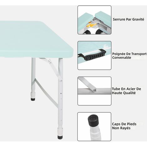 Table pliante portable 125 cm avec poignée, hauteur réglable et capacité 135 kg, pour camping pique-nique et usage intérieur/extérieur, couleur bleue (1/5)