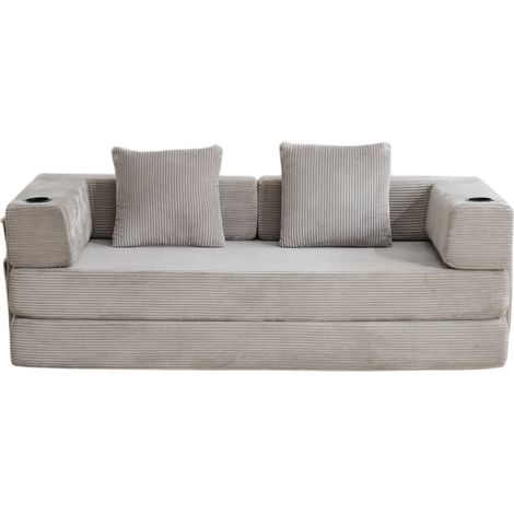Sofá cama de suelo plegable de pana gris claro con reposabrazos, cojín, portavasos y bolsillo (1/5)