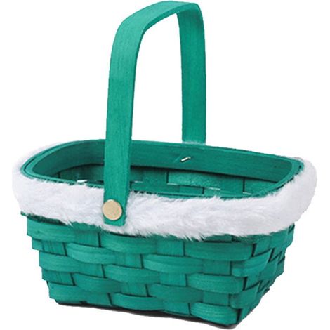 Panier Cadeau De Noël - Panier Tissé À La Main Avec Poignée En Bois Et Bordure En Fourrure Blanche - Contenant De Rangement Pour Bonbons Fruits Et Confiseries - Vert - 17 x 12,5 x 8 cm (1/5)