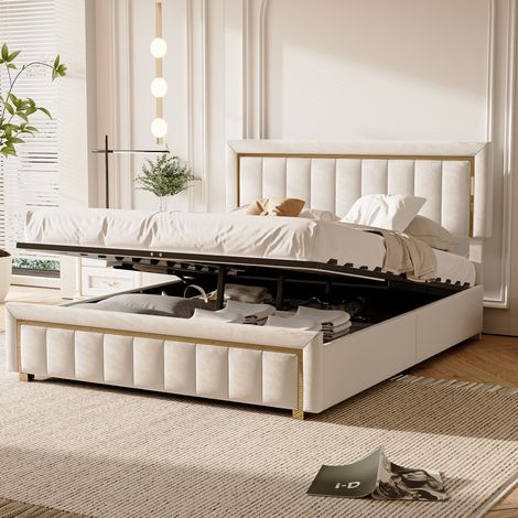 FOERPL-Lit Coffre 160x200 avec Sommier à Lattes, Lit Double Rembourré avec Tête de lit et Coffre Hydraulique, Lits capitonné avec Rangement Cadre de Lit Moderne pour Adultes 2 Personnes