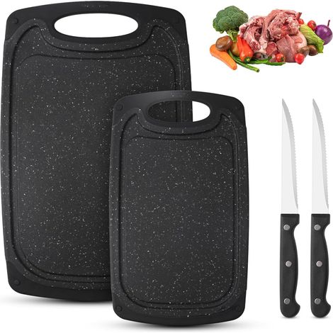 Planche a Decouper Plastique,Lot de 2 Planches à Découper avec 2 Couteau à Steak,Planche à Découper de Cuisine,Robuste et Durable,Antidérapant et Antibactérien Sans BPA,Pour Viande Légumes Fruits (1/5)