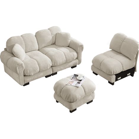 Divano angolare a L 3 posti in ciniglia beige chiaro con pouf mobile e 2 cuscini (1/5)