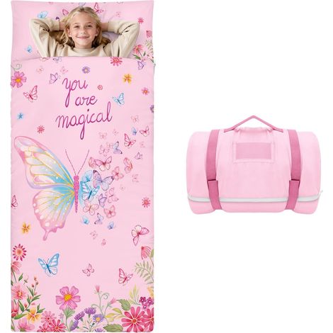 Sac de Couchage Enfant, Tapis de Sieste Pliable 170×75cm,Fleur papillon (1/5)