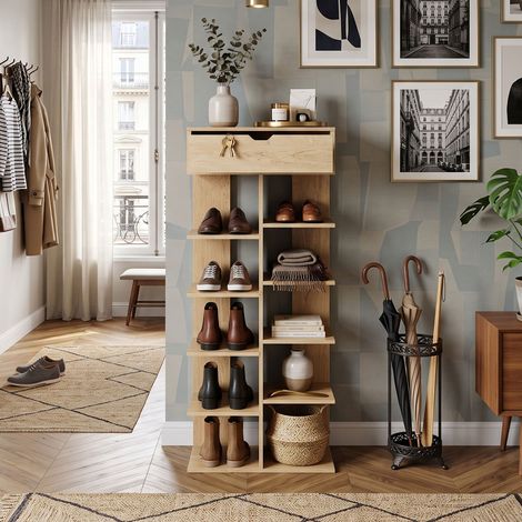 Creahappy Meuble à Chaussures Étagère Ouverte 55x33x133 cm - Gain de Place Entrée avec Tiroir et 10 Compartiments - Chêne Naturel (1/5)