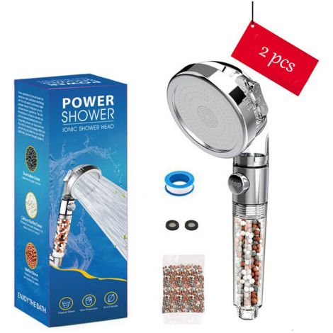 Lot de 2 Pommeau de Douche Économique Anti-Calcaire & Bouton STOP Eau avec une Recharge de Pierres Offerte H198 (1/5)