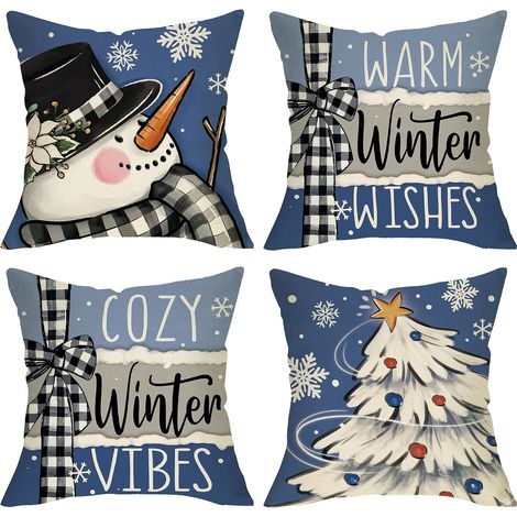 Fundas de cojín decorativas azules, cálidos deseos de invierno, juego de 4 fundas de cojín, 45 x 45 cm, diseño de muñeco de nieve y árbol de Navidad. (1/4)