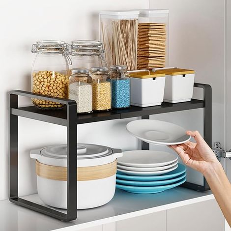 Étagère extensible en métal - Étagère de cuisine extensible - Organiseur réglable - Étagère à épices - Étagère de rangement pour cuisine, comptoir, garde-manger, salle de bain (noir) (1/5)