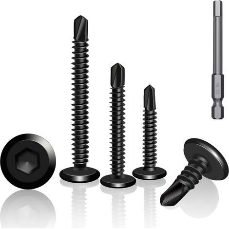 60 Vis Auto-Taraudeuses en Acier Inoxydable 410, 6,3 x 16 mm, Tête Plate avec Empreinte Hexagonale, Noires vis autoforeuse Incluant Embout de Tournevis