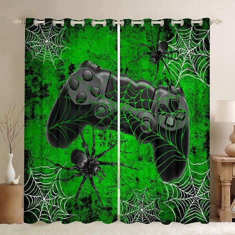 Rideau de fenêtre pour garçon Gamer - Manette de jeu vidéo noire - Rideaux de fenêtre pour filles et garçons - Rétro - Vert - Halloween - Traitement de fenêtre pour salon - Taille S - 137x117cm (HxB) (1/5)