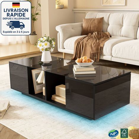 Table basse fixe 120x50x38,5cm table basse avec 2 portes, plateau en verre, MDF et aggloméré, noir (1/5)