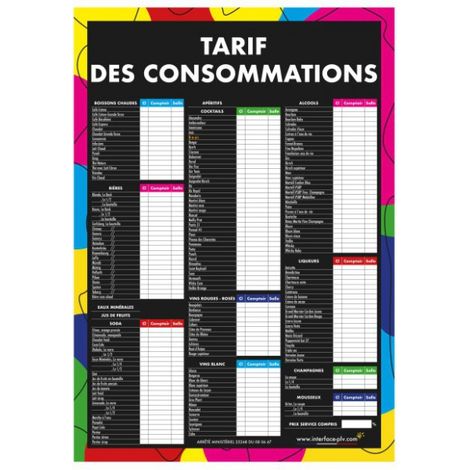 Adhésif TARIF DES CONSOMMATIONS moderne format A1