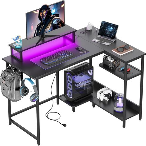 Bureau gaming angle DEVAISE 110x80 cm, RGB, prises, support moniteur, crochets, noir pour télétravail. (1/5)