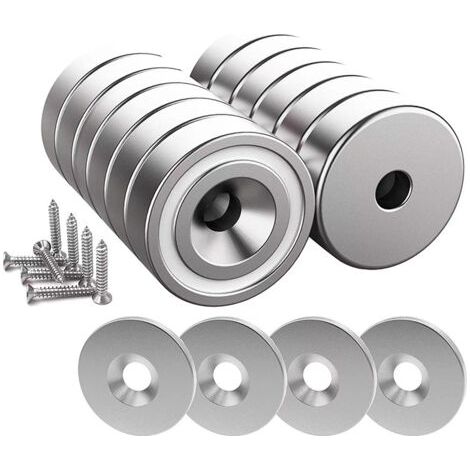 12 pièces Aimants en néodyme 10 KG force 20 x 7 mm avec trou et capsule, aimant en pot fraisé avec vis et 12 coussins en acier (Argent Brillant)