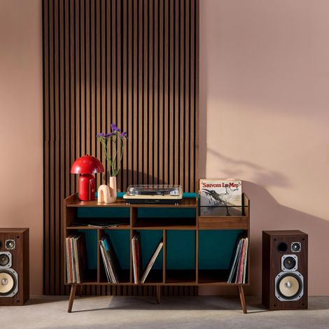 Meuble vinyle vintage bicolore décor bois et bleu 130cm - Nepal