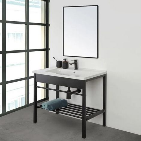 Bagno Italia Mobile bagno a terra metallo nero specchio e lavabo in ceramica cm 80
