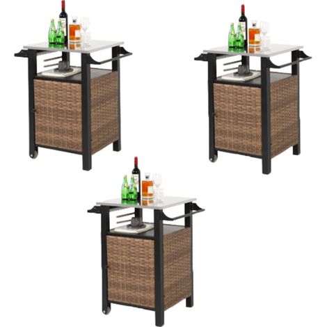 3er-Set single door bar cart,Outdoor Kitchen Wicker Island Rolling Cart & Storage Cabinet, Wheels and Stainless Steel Extended Table Top, Side Handle for Patio Kitchen or Bar Cart, Brown