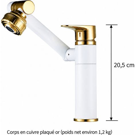 Robinet Mitigeur de Lavabo Rotatif Salle de Bain Acier Inox Modèle Bas Blanc et Or avec Flexibles 1/2 Cartouche Céramique 1,3 kg – Livraison gratuite (1/5)