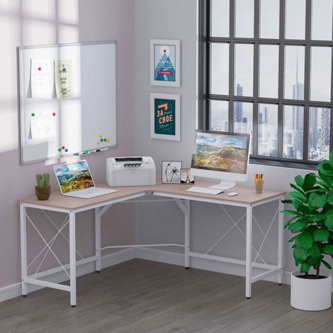 Escritorio esquinero 150x150x76 cm natural de metal y MDF con forma de L y pies ajustables (1/5)