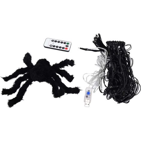 Décoration lumineuse toile d'araignée Halloween, 70 LED orange étanches avec télécommande (pile bouton incluse), modèle USB (1/5)